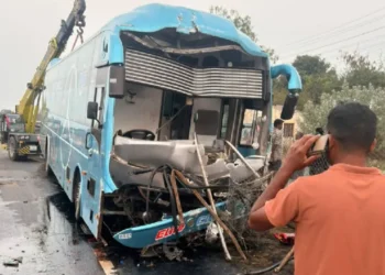 Accident site near Channapatna where a PK Travels bus from Kozhikode crashed into a divider, resulting in the death of four passengers.