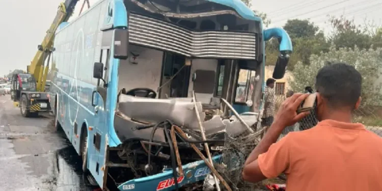 Accident site near Channapatna where a PK Travels bus from Kozhikode crashed into a divider, resulting in the death of four passengers.
